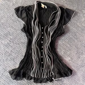 Michael K Black Ruffle Front Blouse Top Size XL Short Sleeve Sheer Trim